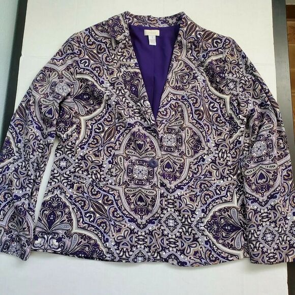 Chicos 1 Blazer Paisley Purple Women's Size Medium 8 Button Top Jacket Lined - Picture 1 of 11